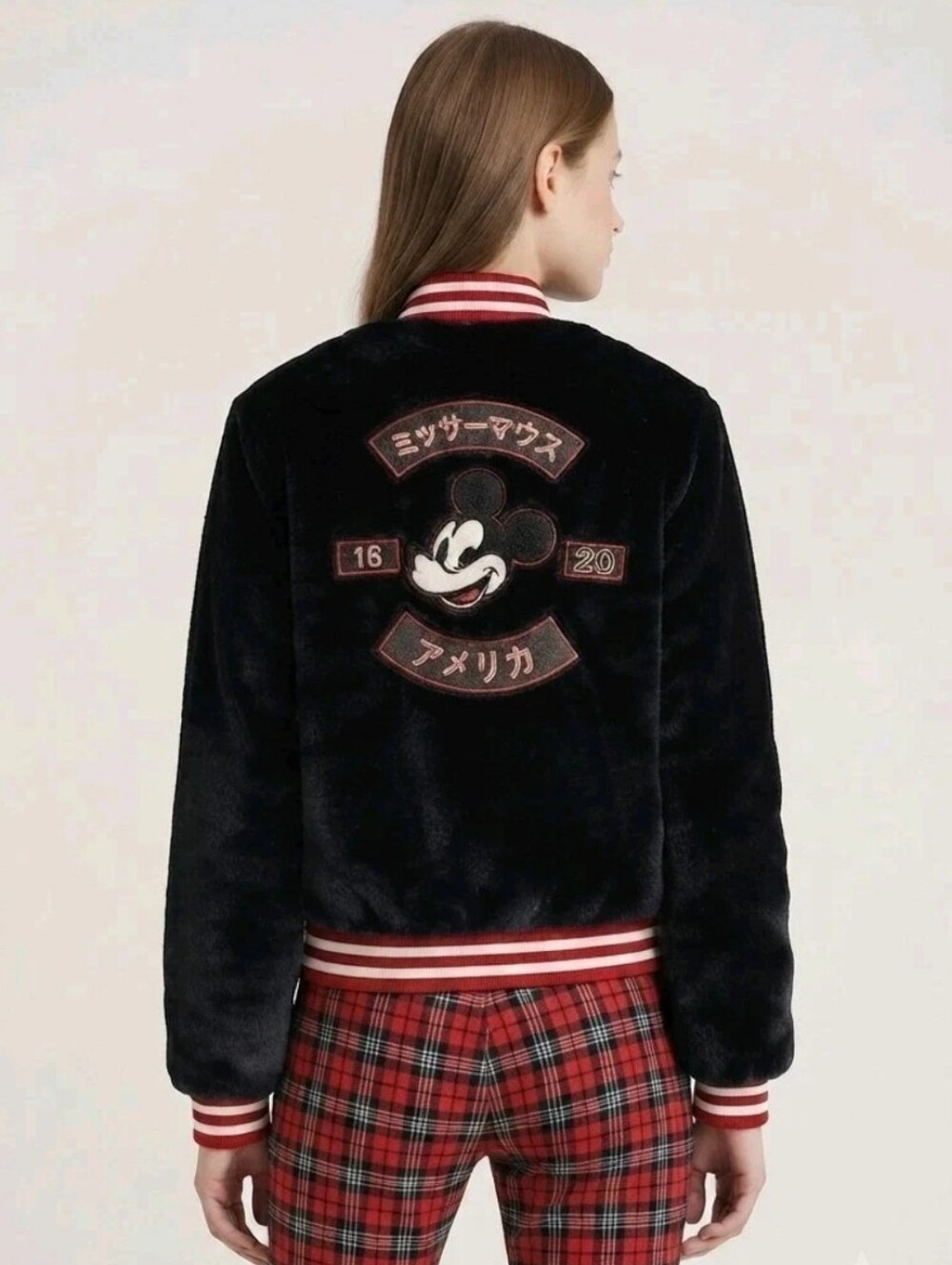 Disney x Forever 21 Mickey Mouse Faux Fur Bomber Varsity Jacket Black Size XL